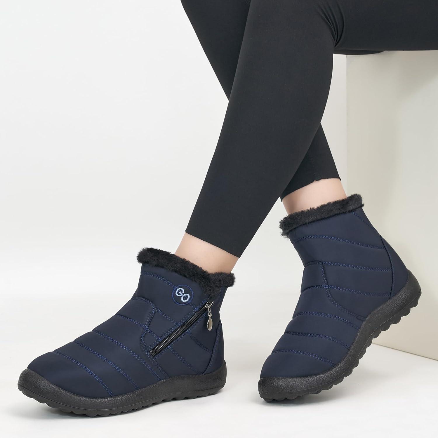 imageDUOYANGJIASHA Snow Boots for Women Winter Warm Ankle Booties Waterproof Comfortable Slip On Outdoor Fur Lined Lining Zipper Womens Snow BootsBlue