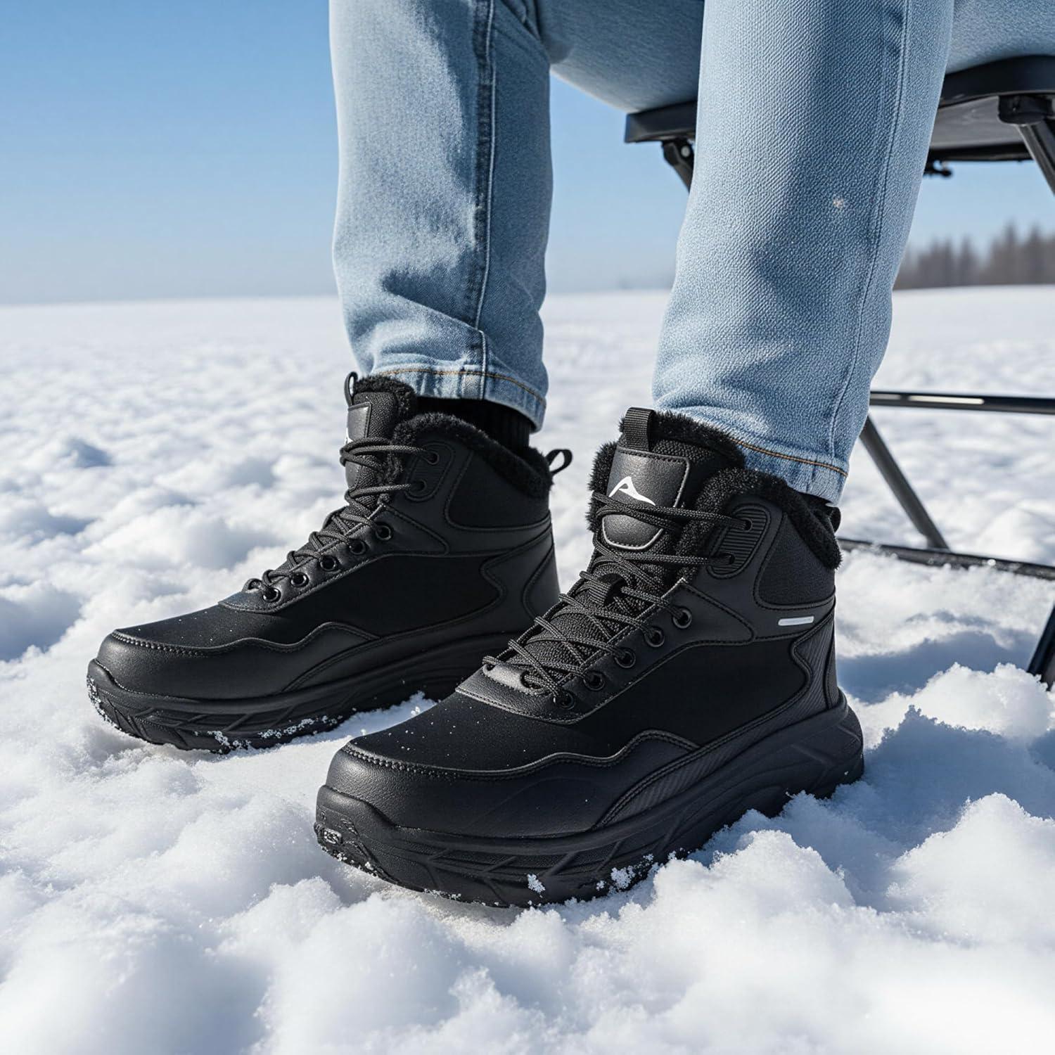 imageEcetana Mens Winter Snow Boots Warm Fur Lined Waterproof Outdoor Work Shoes Comfortable Lightweight Ankle Booties