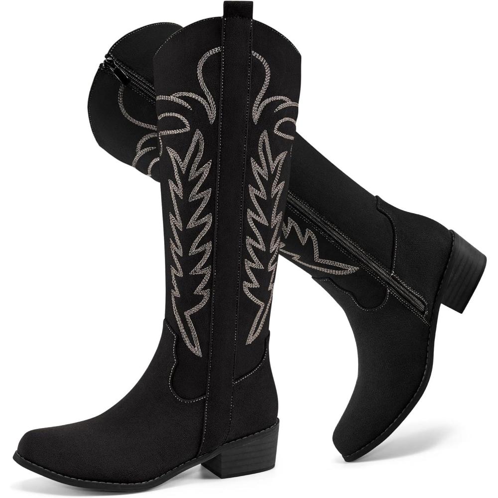 imageEcetana Cowboy Boots for Women Knee High Suede Western Cowgirl Boots Pointed Toe Chunky Heel Tall Boot for Party ConcertBlack