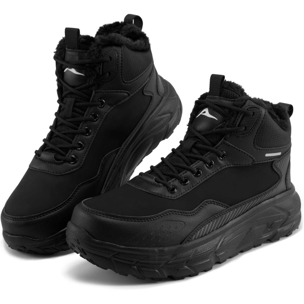 imageEcetana Mens Winter Snow Boots Warm Fur Lined Waterproof Outdoor Work Shoes Comfortable Lightweight Ankle BootiesBlack