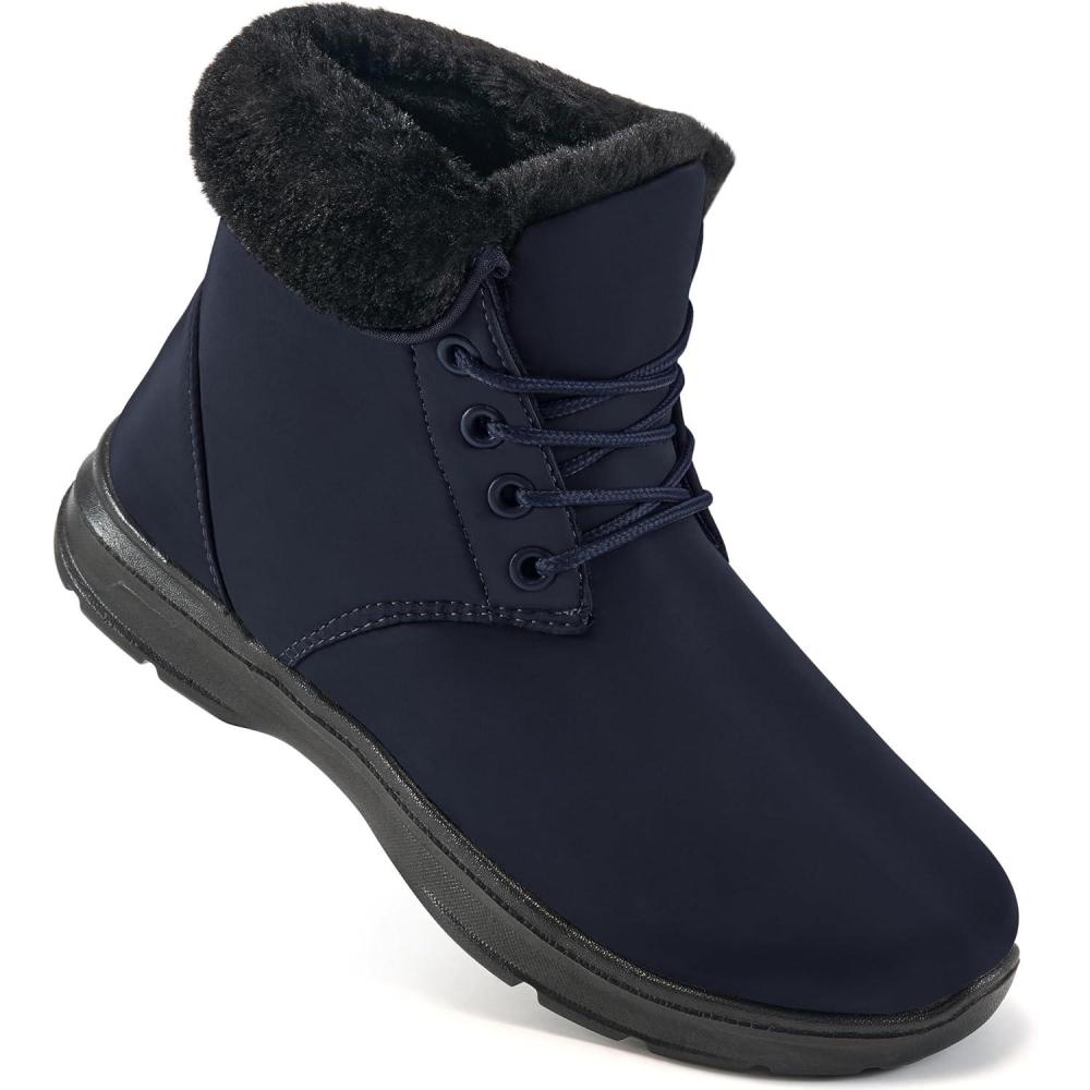 imageEcetana Winter Boots for Women Snow Warm Fur Lined Waterproof Ankle Booties Lace Up Non Slip Flat Comfortable Womens ShoesBlue
