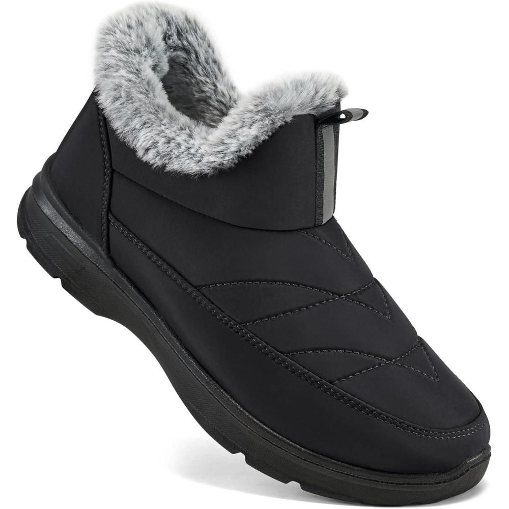 imageEcetana Womens Winter Boots Snow Shoes 2025 Waterproof Warm Fur Lined Booties Slip on Ankle Boots for WalkingBlack