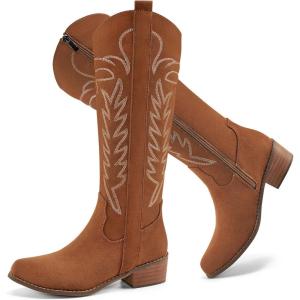 Ecetana Cowboy Boots for Women Knee High Suede Western Cowgirl Boots Pointed Toe Chunky Heel Tall Boot for Party Concert(Brown)