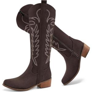 Ecetana Cowboy Boots for Women Knee High Suede Western Cowgirl Boots Pointed Toe Chunky Heel Tall Boot for Party Concert(Coffee)