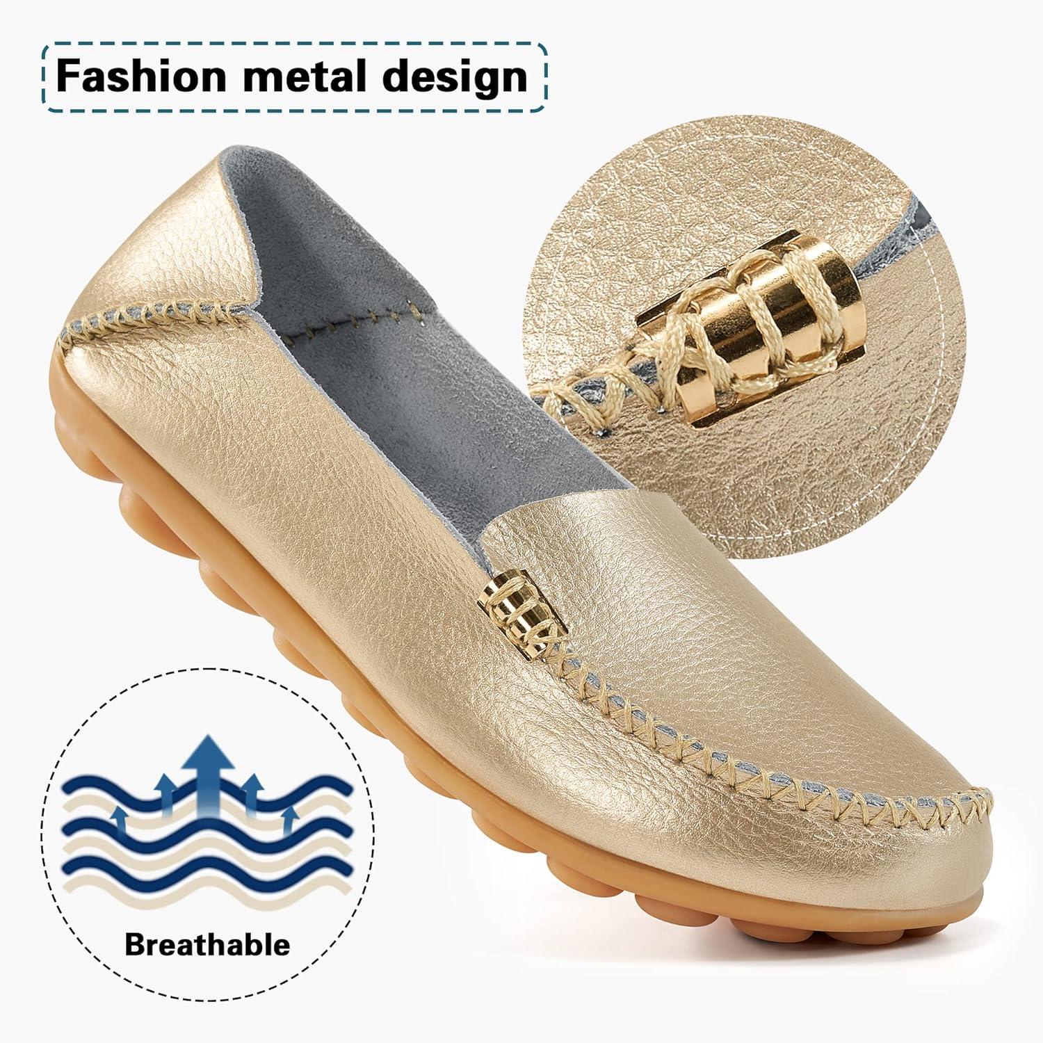 imageDUOYANGJIASHA Womens Comfortable Loafers Casual Round Toe Moccasins Wild Driving Flats Soft Walking Shoes Women Slip OnGold