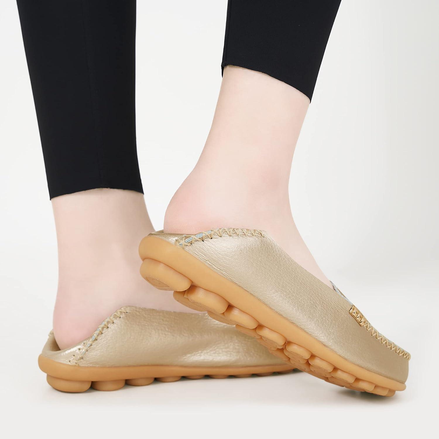 imageDUOYANGJIASHA Womens Comfortable Loafers Casual Round Toe Moccasins Wild Driving Flats Soft Walking Shoes Women Slip OnGold