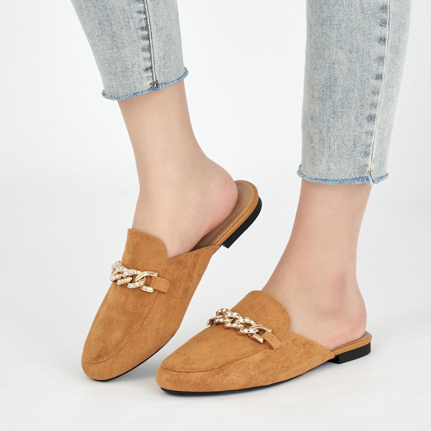 imageEcetana Women Mules Flats Shoes Comfortable Closed Toe Slip on Suede Buckle Slides 2025 Business Casual Dress Backless LoafersBrown