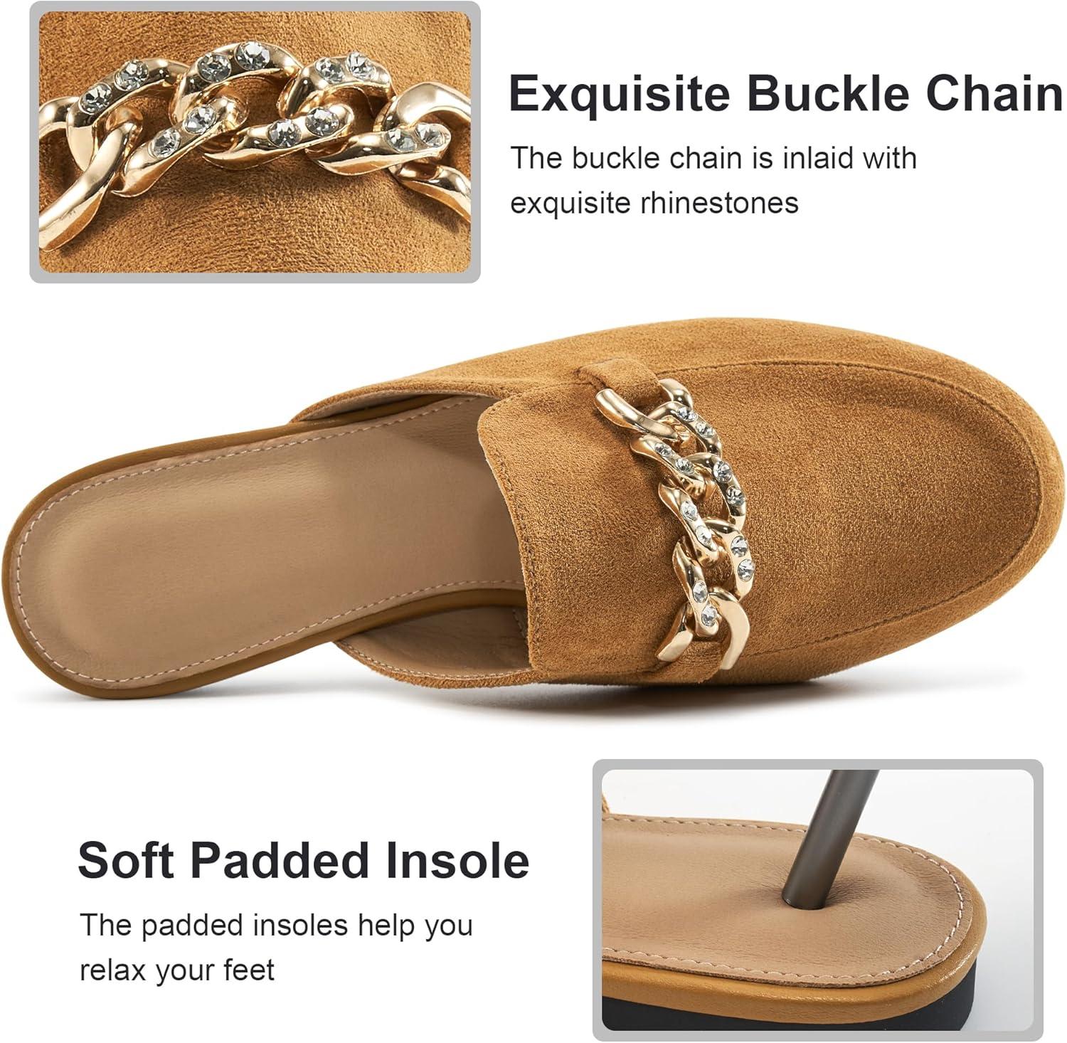 imageEcetana Women Mules Flats Shoes Comfortable Closed Toe Slip on Suede Buckle Slides 2025 Business Casual Dress Backless LoafersBrown