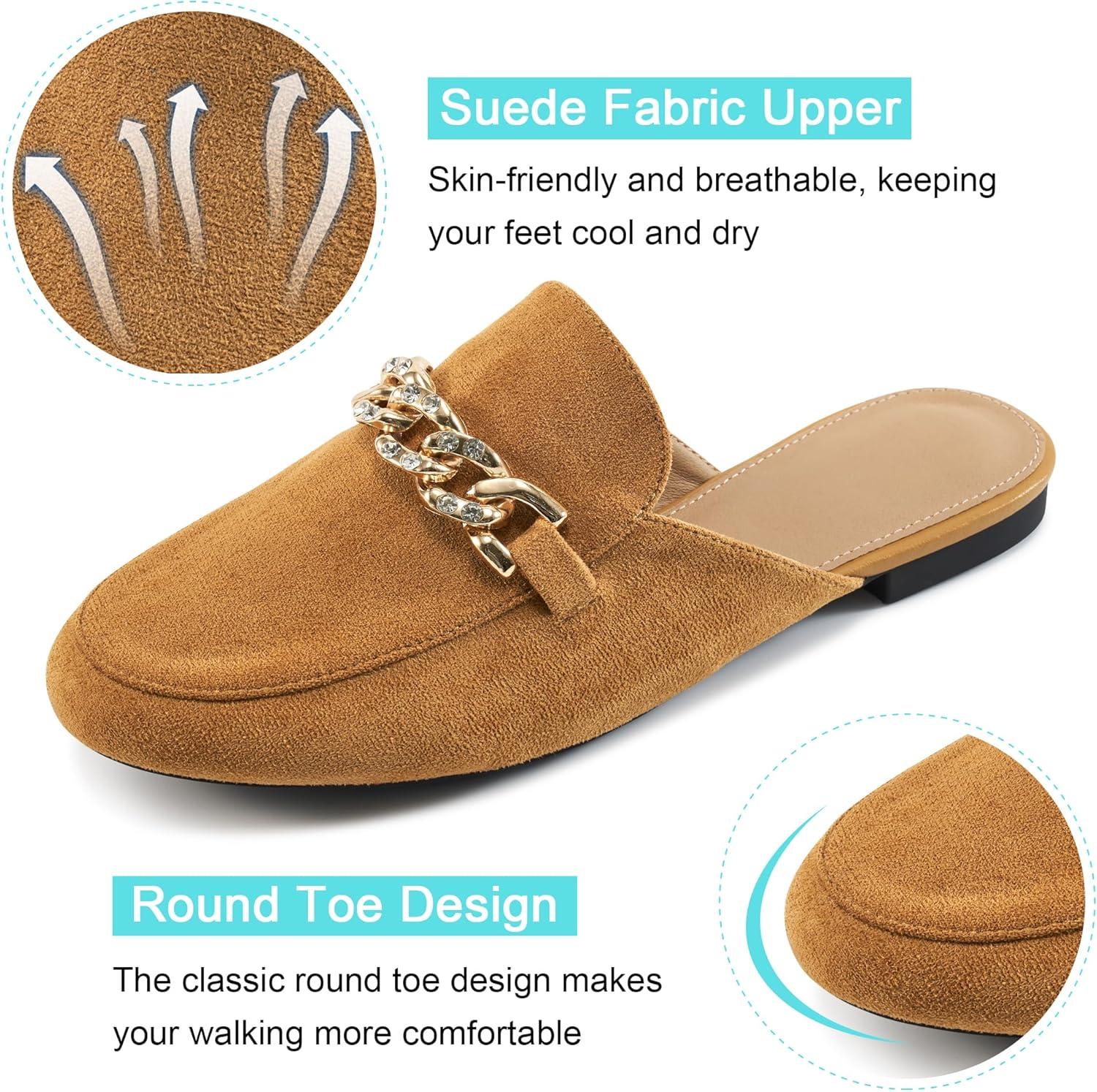 imageEcetana Women Mules Flats Shoes Comfortable Closed Toe Slip on Suede Buckle Slides 2025 Business Casual Dress Backless LoafersBrown