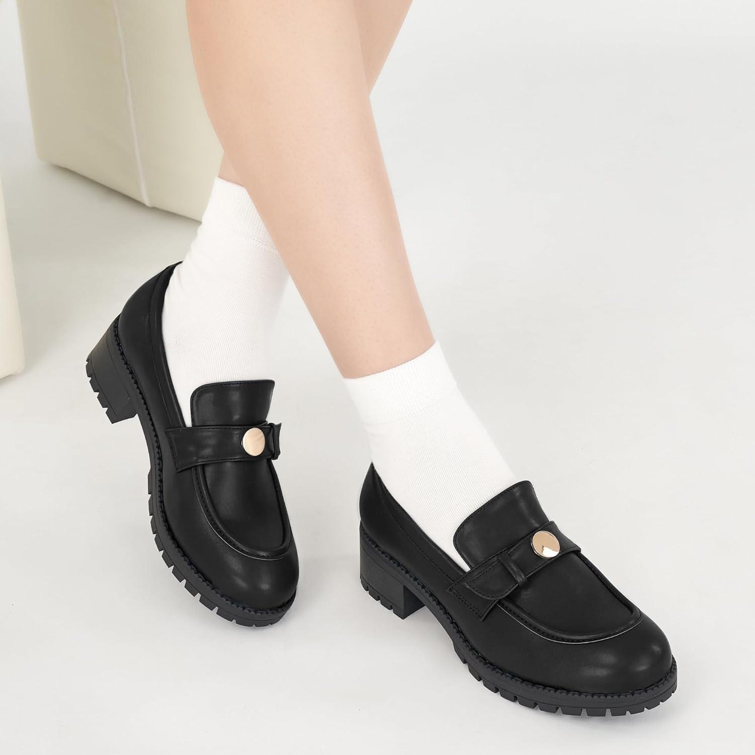 imageEcetana Womens Loafers Comfortable Slip On Chunky Platform Penny Fashion Shoes for Business Work CasualBlack