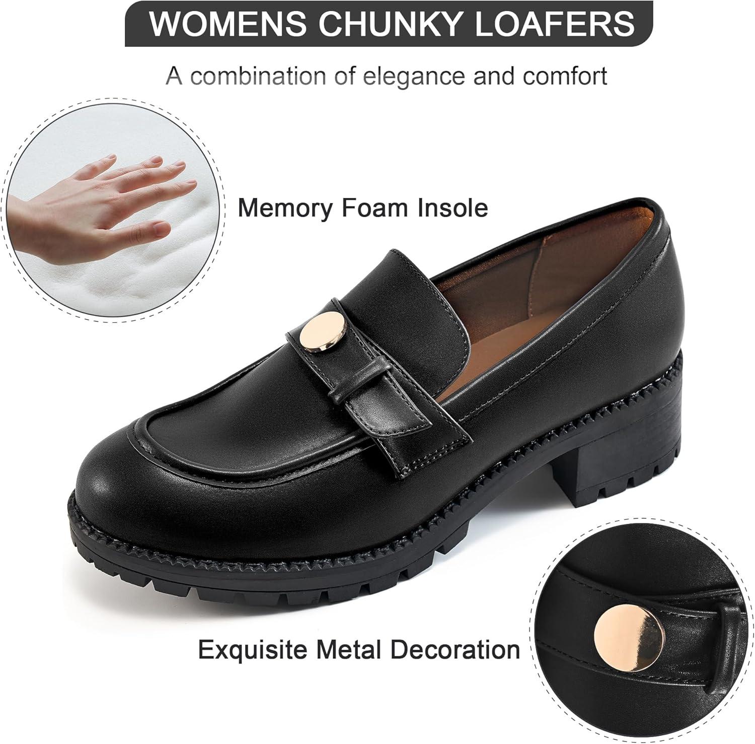 imageEcetana Womens Loafers Comfortable Slip On Chunky Platform Penny Fashion Shoes for Business Work CasualBlack