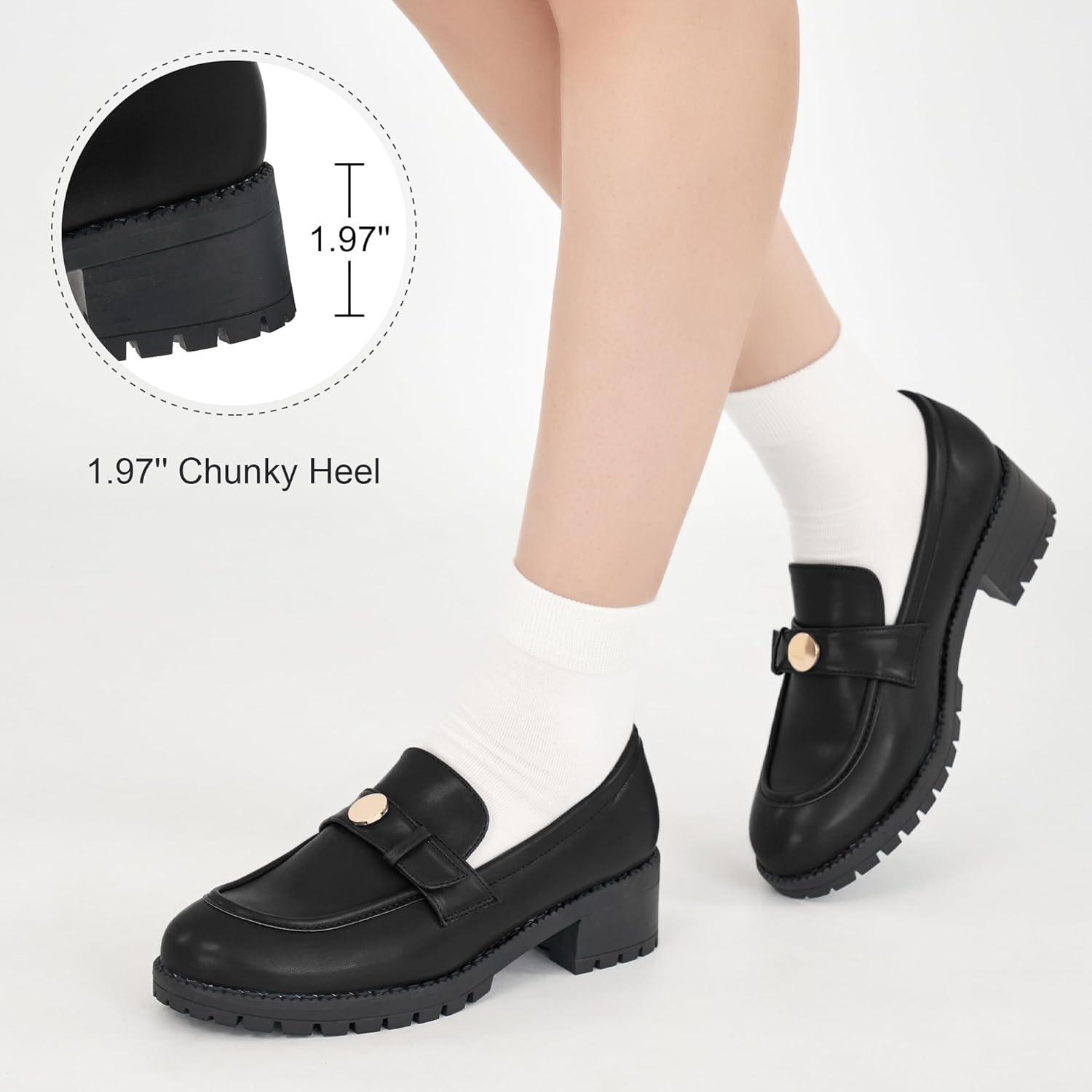 imageEcetana Womens Loafers Comfortable Slip On Chunky Platform Penny Fashion Shoes for Business Work CasualBlack