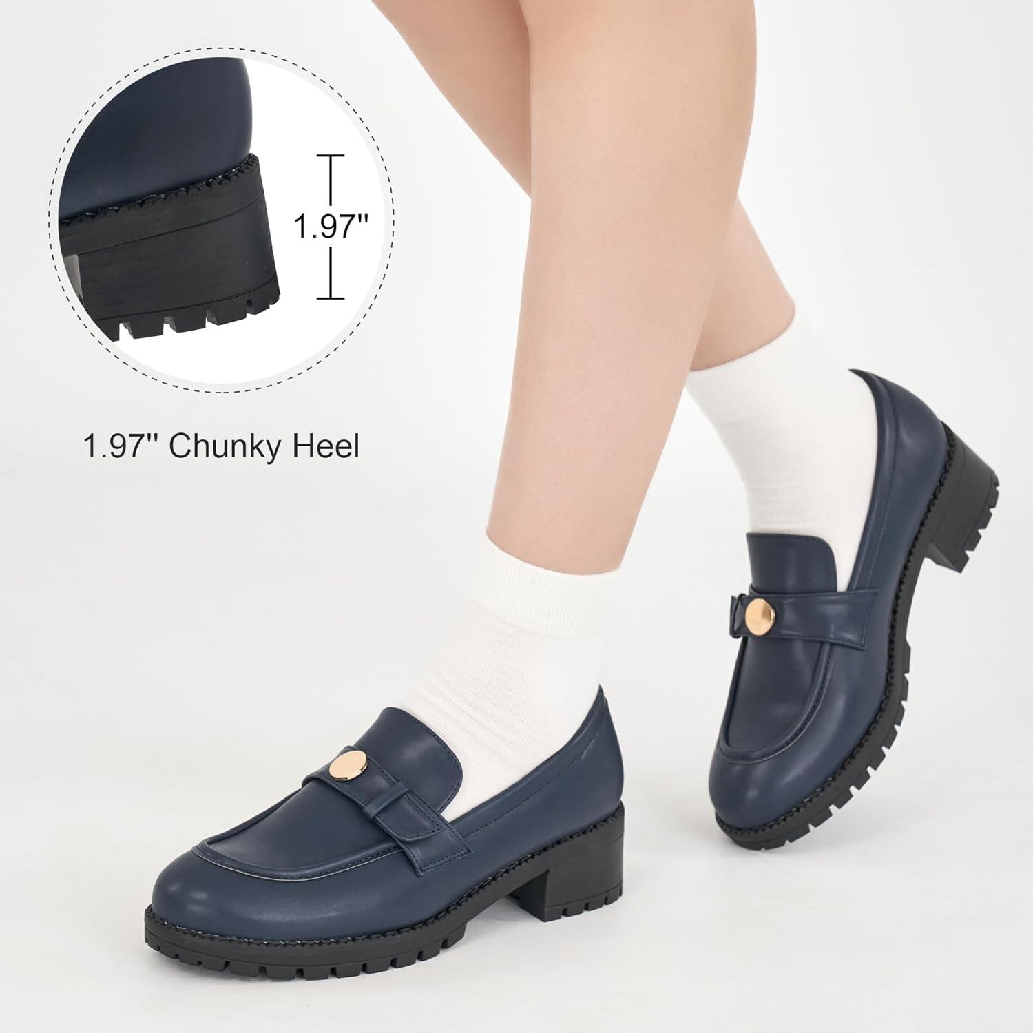 imageEcetana Womens Loafers Comfortable Slip On Chunky Platform Penny Fashion Shoes for Business Work CasualBlue