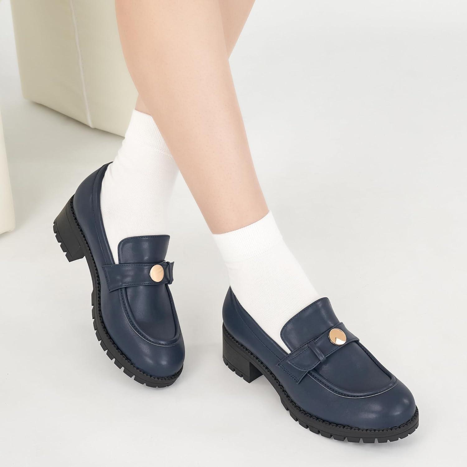 imageEcetana Womens Loafers Comfortable Slip On Chunky Platform Penny Fashion Shoes for Business Work CasualBlue