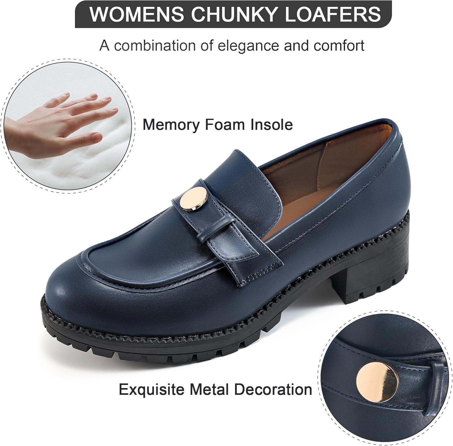 imageEcetana Womens Loafers Comfortable Slip On Chunky Platform Penny Fashion Shoes for Business Work CasualBlue