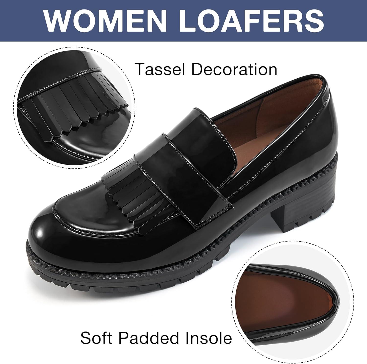imageEcetana Womens Loafers Platform Chunky Penny Lug Sole Comfort Slip on Casual Fashion Business Work ShoesBlack