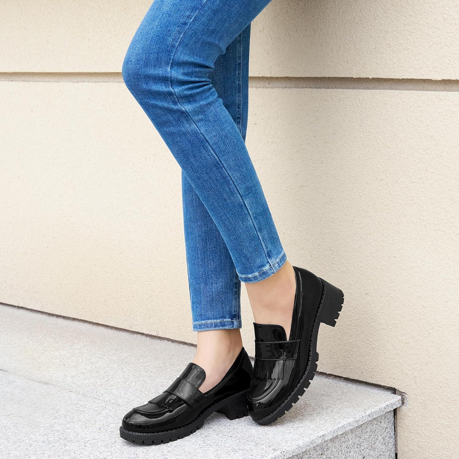 imageEcetana Womens Loafers Platform Chunky Penny Lug Sole Comfort Slip on Casual Fashion Business Work ShoesBlack