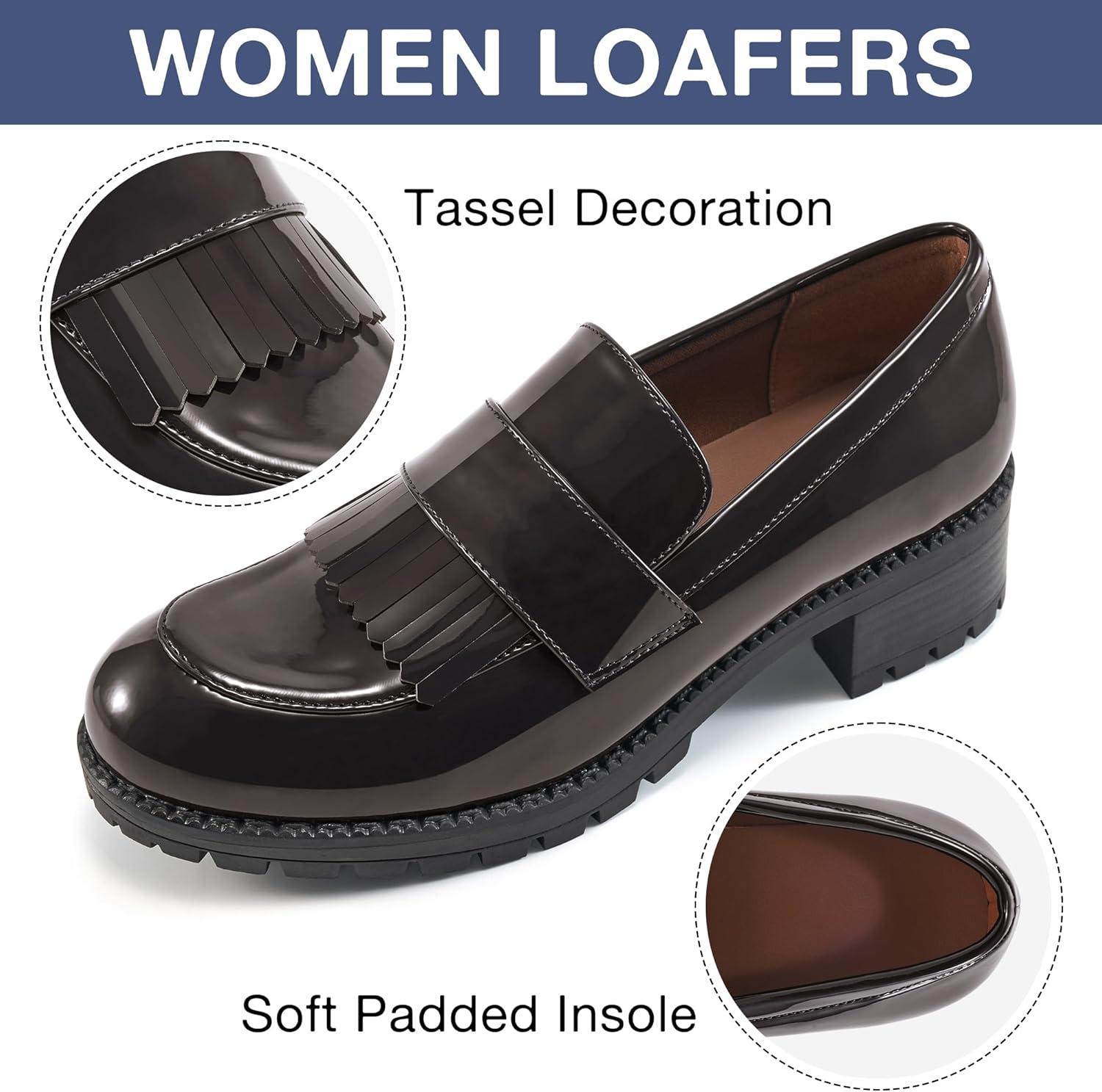imageEcetana Womens Loafers Platform Chunky Penny Lug Sole Comfort Slip on Casual Fashion Business Work ShoesCoffee