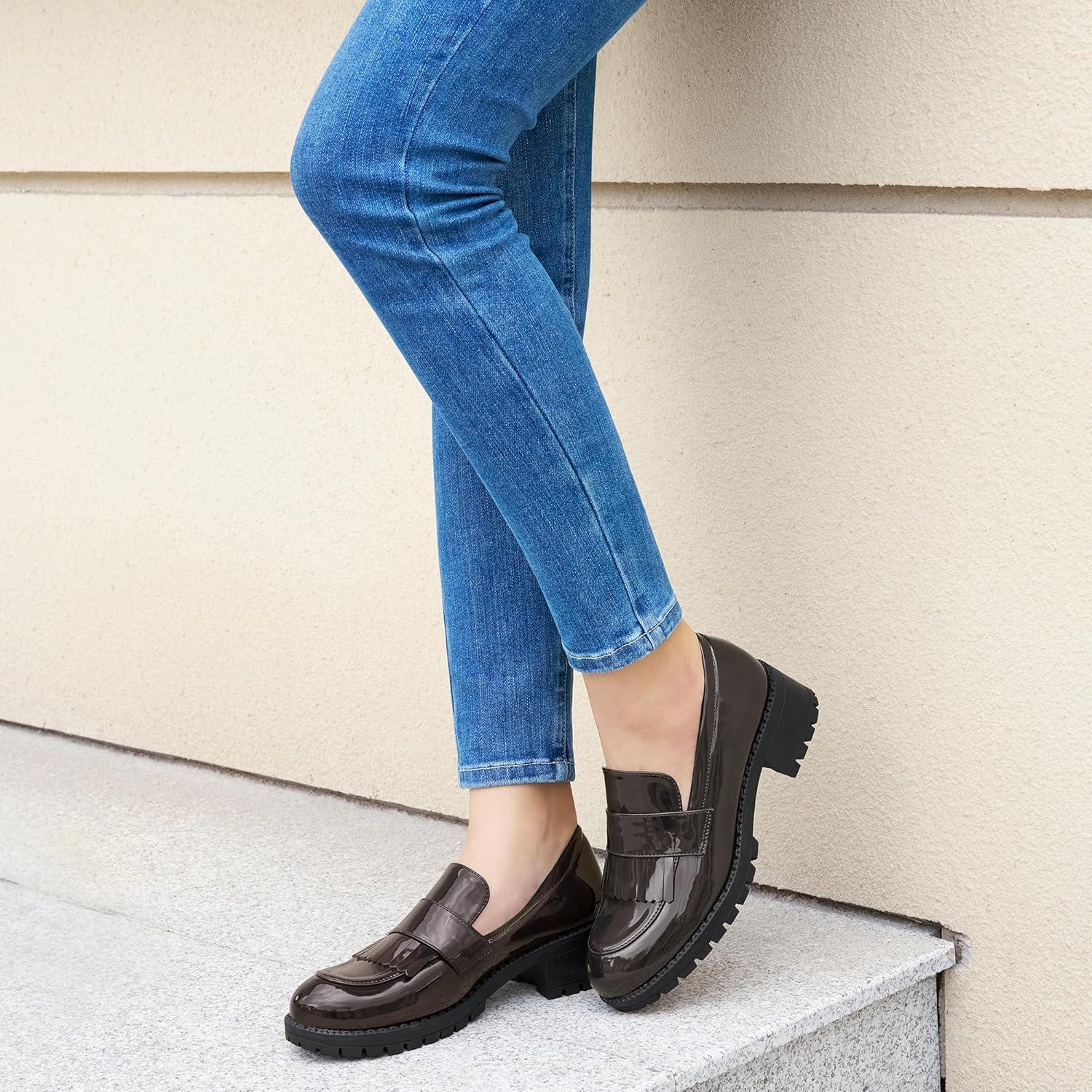 imageEcetana Womens Loafers Platform Chunky Penny Lug Sole Comfort Slip on Casual Fashion Business Work ShoesCoffee