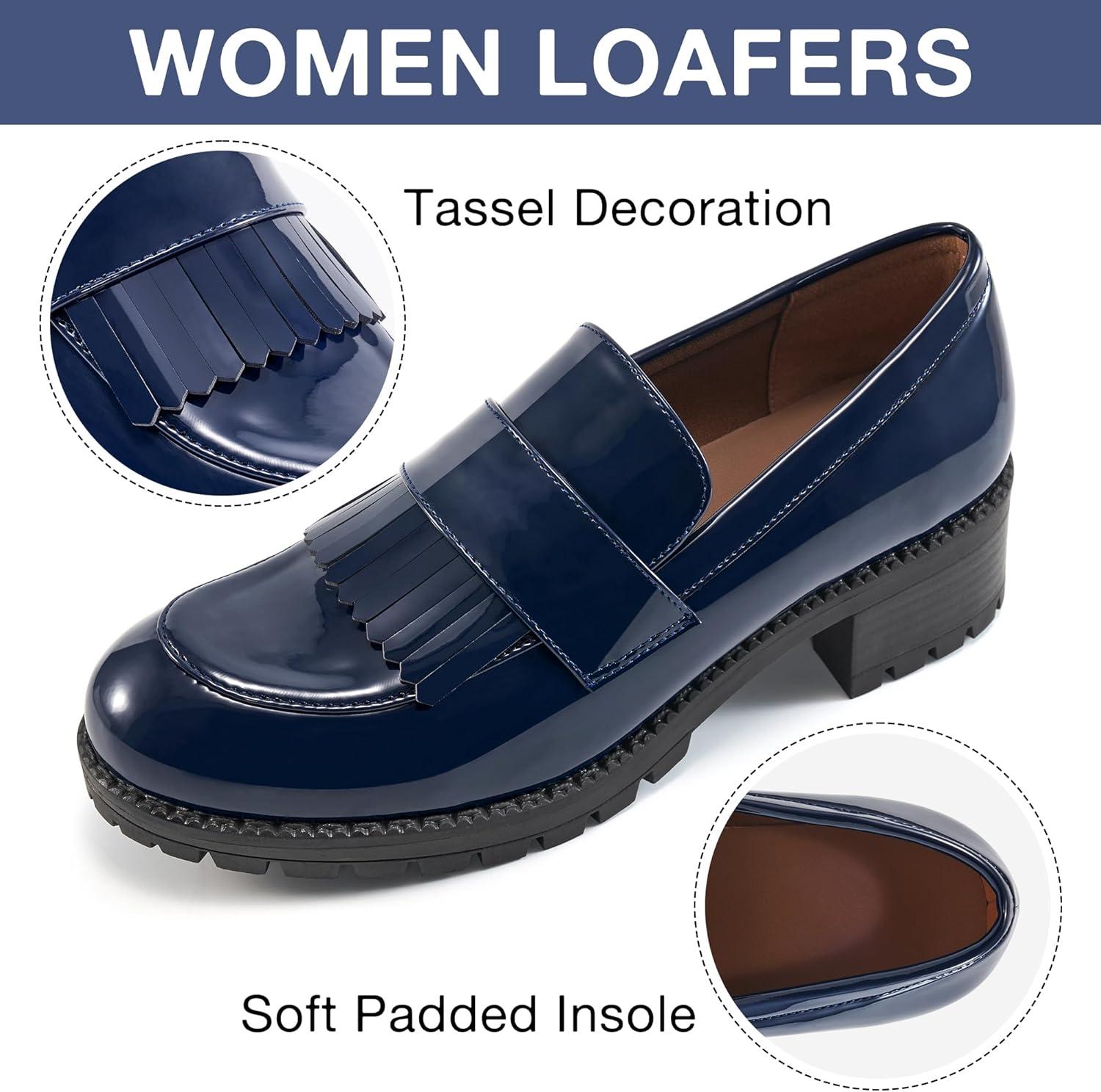 imageEcetana Womens Loafers Platform Chunky Penny Lug Sole Comfort Slip on Casual Fashion Business Work ShoesDark Blue