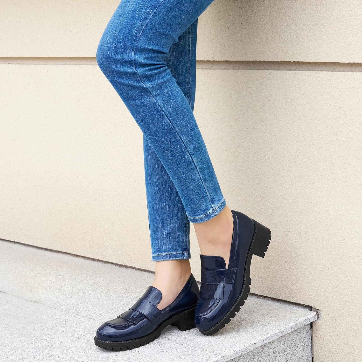 imageEcetana Womens Loafers Platform Chunky Penny Lug Sole Comfort Slip on Casual Fashion Business Work ShoesDark Blue