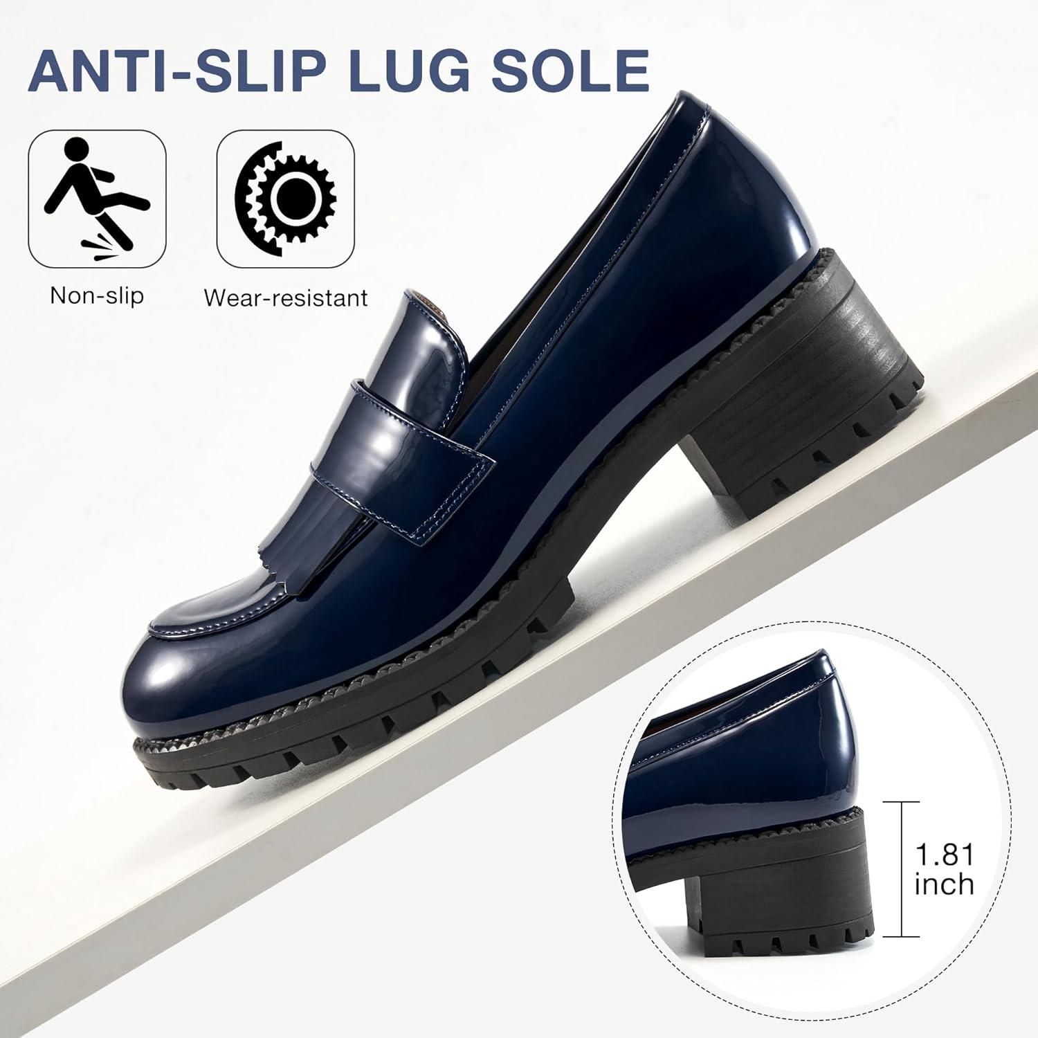 imageEcetana Womens Loafers Platform Chunky Penny Lug Sole Comfort Slip on Casual Fashion Business Work ShoesDark Blue