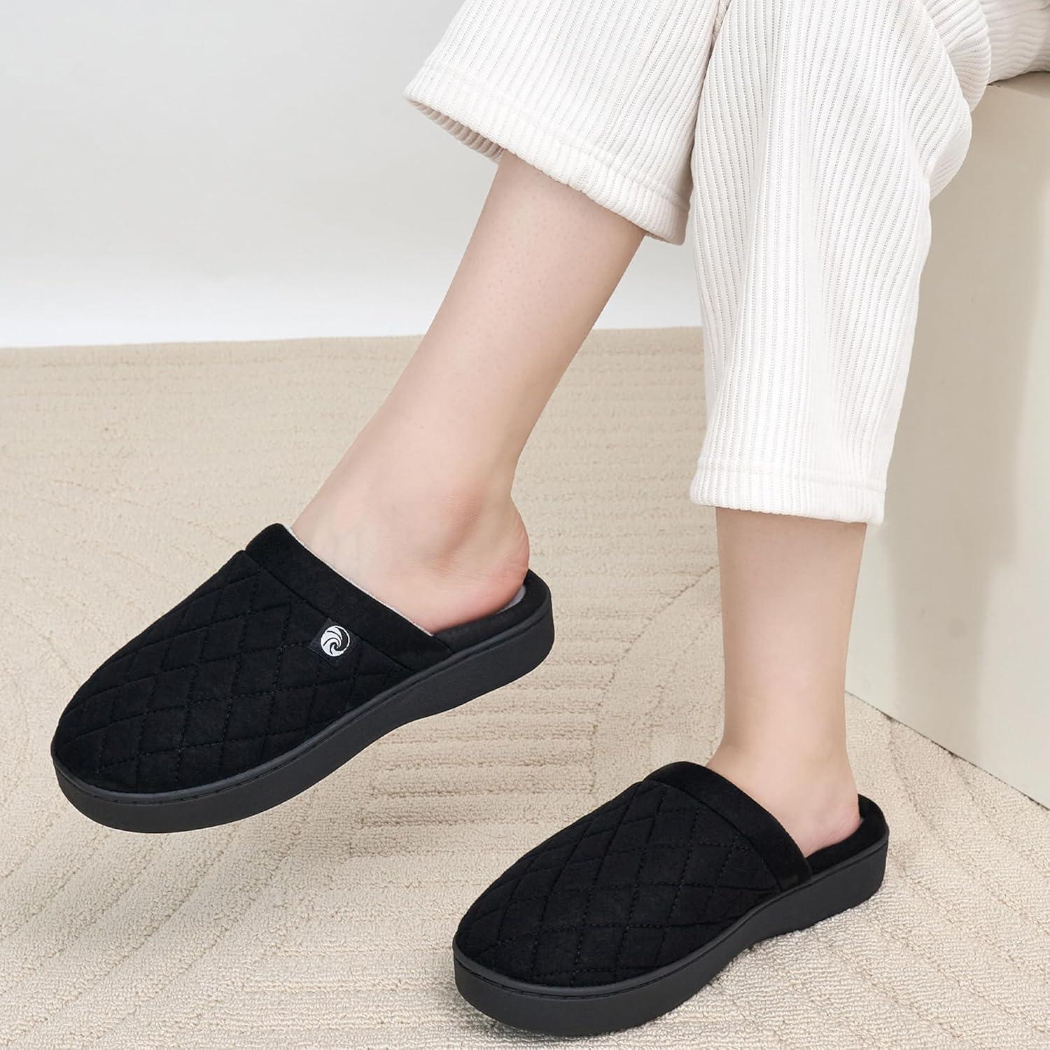 imageEcetana Womens ampamp Mens Memory Foam Bedroom Slippers Comfortable Fuzzy IndoorOutdoor House ShoesBlack