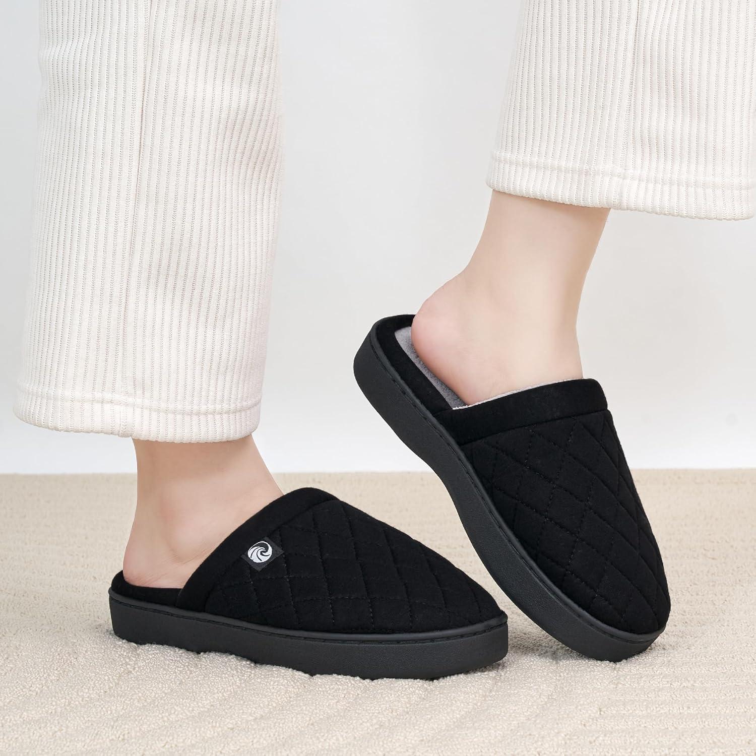 imageEcetana Womens ampamp Mens Memory Foam Bedroom Slippers Comfortable Fuzzy IndoorOutdoor House ShoesBlack