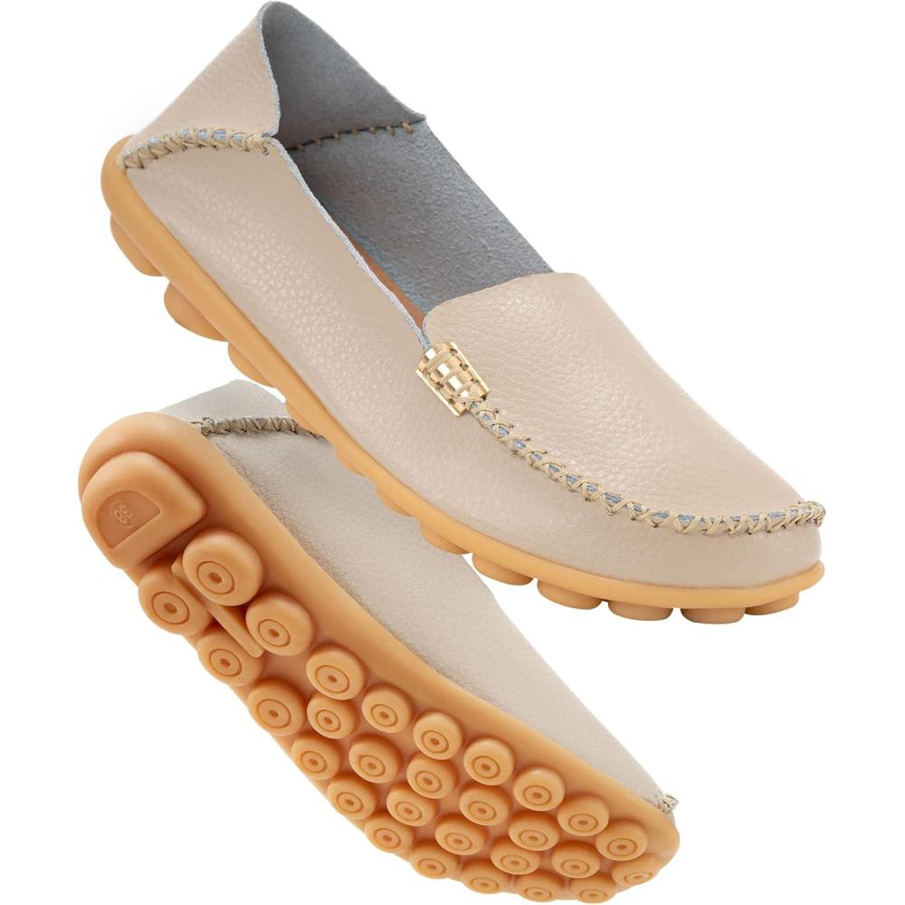 imageDUOYANGJIASHA Womens Comfortable Loafers Casual Round Toe Moccasins Wild Driving Flats Soft Walking Shoes Women Slip OnBeige