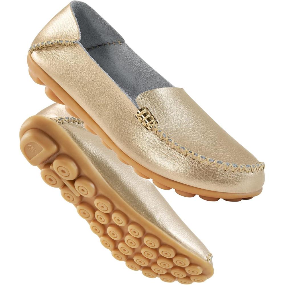 imageDUOYANGJIASHA Womens Comfortable Loafers Casual Round Toe Moccasins Wild Driving Flats Soft Walking Shoes Women Slip OnGold
