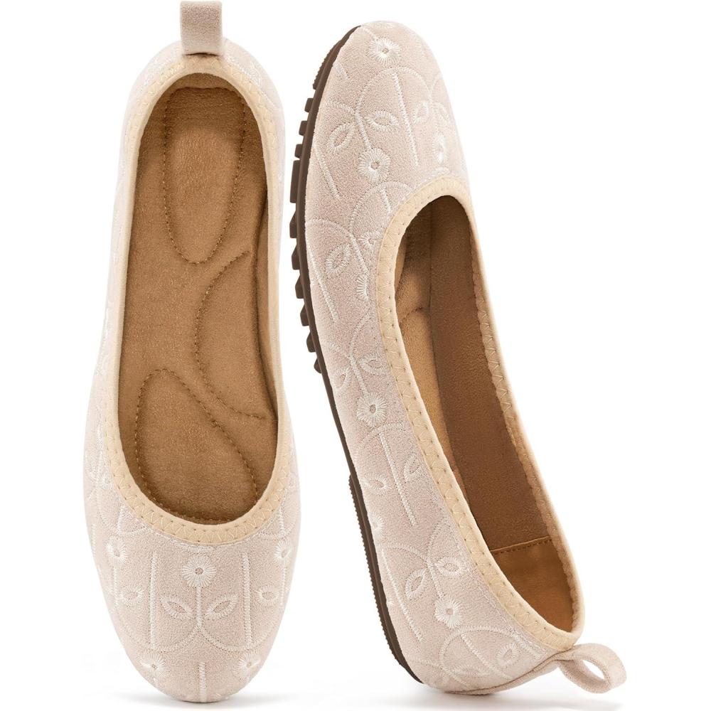 imageEcetana Ballet Flats Shoes for Women Dressy Casual Foldable Flats Comfortable Round Toe Slip On LoafersBeige