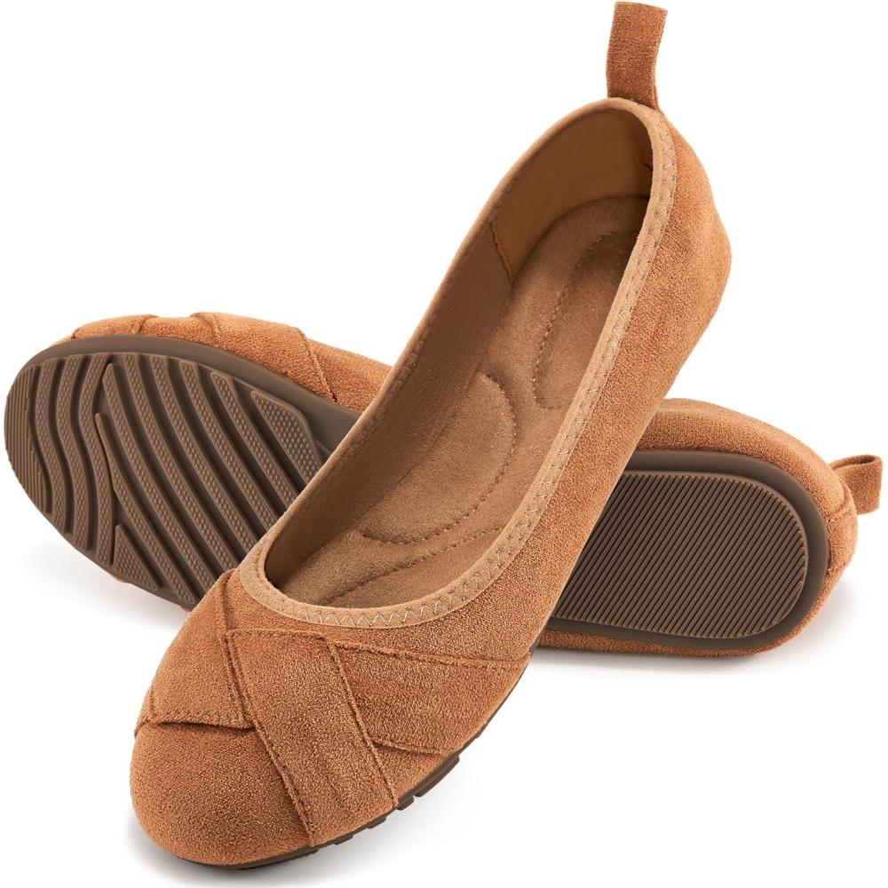 imageEcetana Flats for Women Ballet Shoes Dressy Round Toe Comfortable Faux Suede Slip on 2025 Casual Walking Foldable LoafersBrown