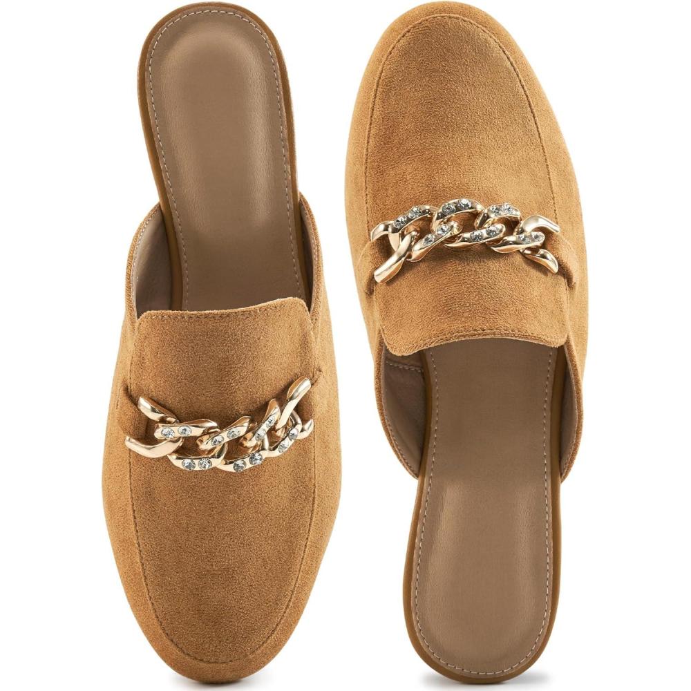 imageEcetana Women Mules Flats Shoes Comfortable Closed Toe Slip on Suede Buckle Slides 2025 Business Casual Dress Backless LoafersBrown