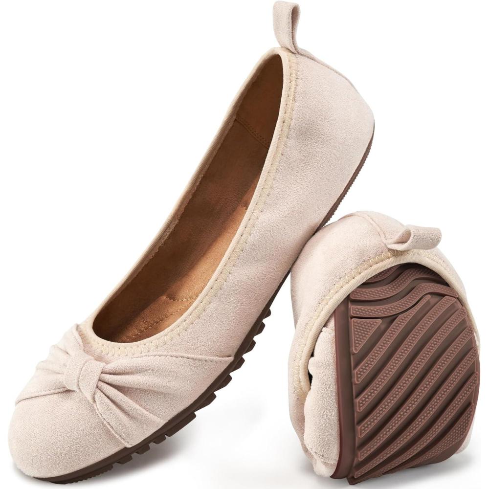 imageEcetana Womens Flats Shoes Dressy Round Toe Bowknot Suede Foldable Ballet Flats Comfortable Casual Slip On LoafersBeige
