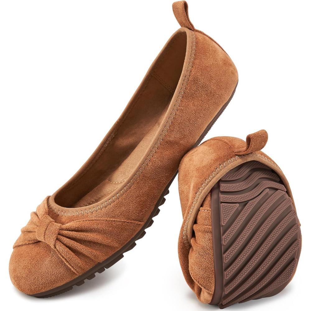 imageEcetana Womens Flats Shoes Dressy Round Toe Bowknot Suede Foldable Ballet Flats Comfortable Casual Slip On LoafersLight Brown