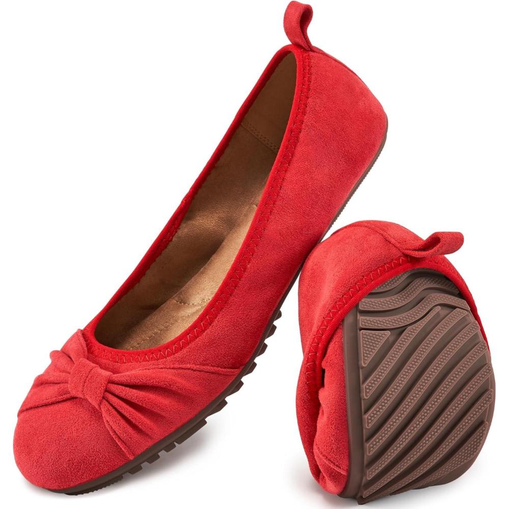 imageEcetana Womens Flats Shoes Dressy Round Toe Bowknot Suede Foldable Ballet Flats Comfortable Casual Slip On LoafersRed