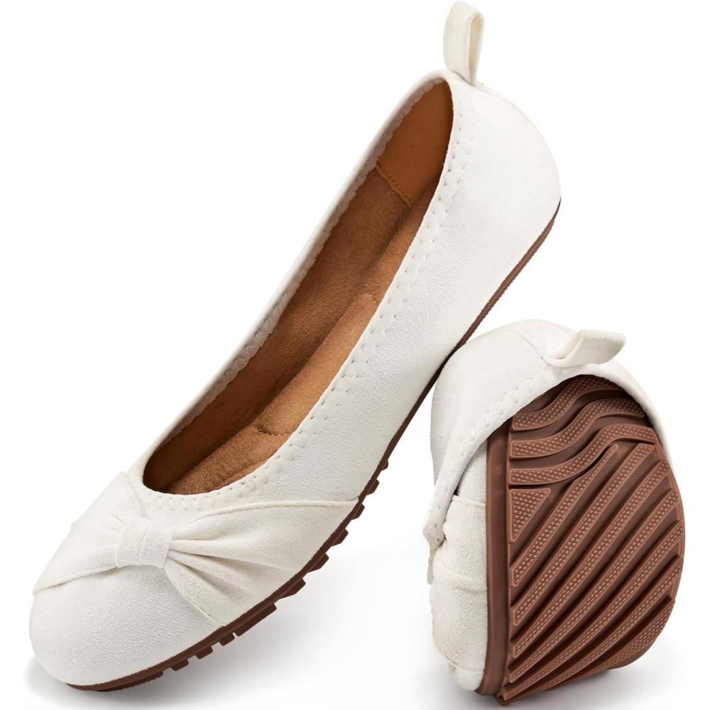 imageEcetana Womens Flats Shoes Dressy Round Toe Bowknot Suede Foldable Ballet Flats Comfortable Casual Slip On LoafersWhite