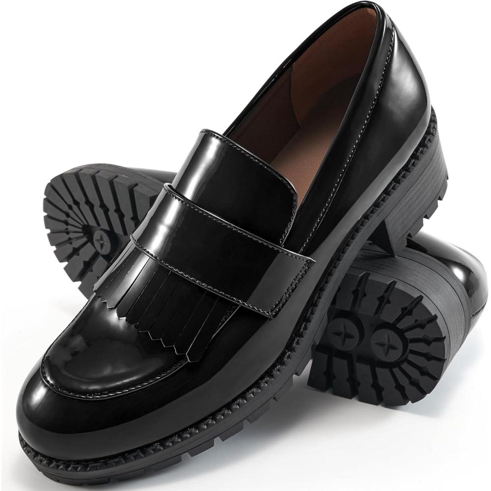 imageEcetana Womens Loafers Platform Chunky Penny Lug Sole Comfort Slip on Casual Fashion Business Work ShoesBlack