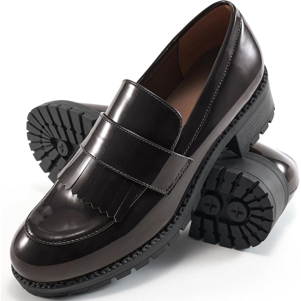 imageEcetana Womens Loafers Platform Chunky Penny Lug Sole Comfort Slip on Casual Fashion Business Work ShoesCoffee