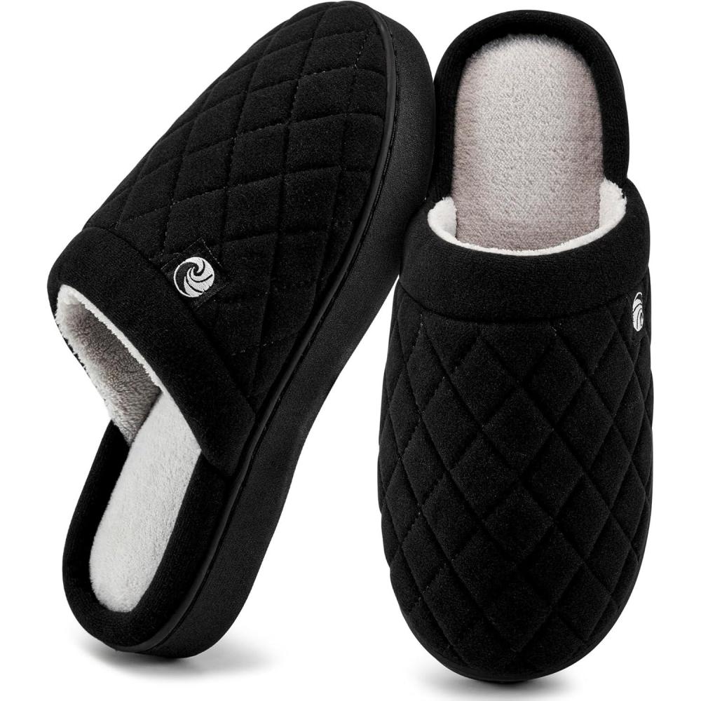 imageEcetana Womens ampamp Mens Memory Foam Bedroom Slippers Comfortable Fuzzy IndoorOutdoor House ShoesBlack