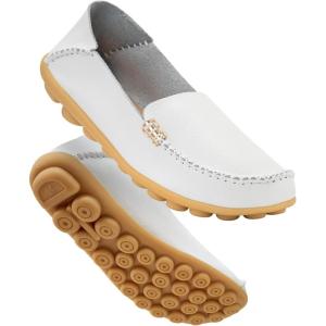 DUOYANGJIASHA Women’s Comfortable Loafers Casual Round Toe Moccasins Wild Driving Flats Soft Walking Shoes Women Slip On(White)
