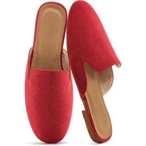 Ecetana Mules for Women Flats Shoes: Comfortable Slip On Casual Work Slides Round Toe Backless Loafers(Red)