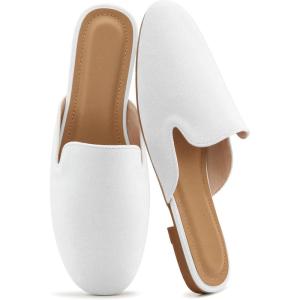 Ecetana Mules for Women Flats Shoes: Comfortable Slip On Casual Work Slides Round Toe Backless Loafers(White)