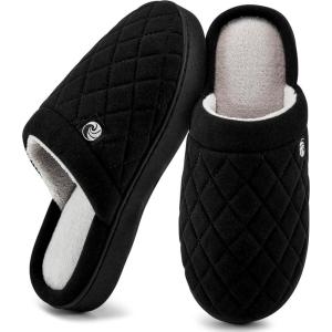 Ecetana Women’s & Men’s Memory Foam Bedroom Slippers – Comfortable Fuzzy Indoor/Outdoor House Shoes(Black)