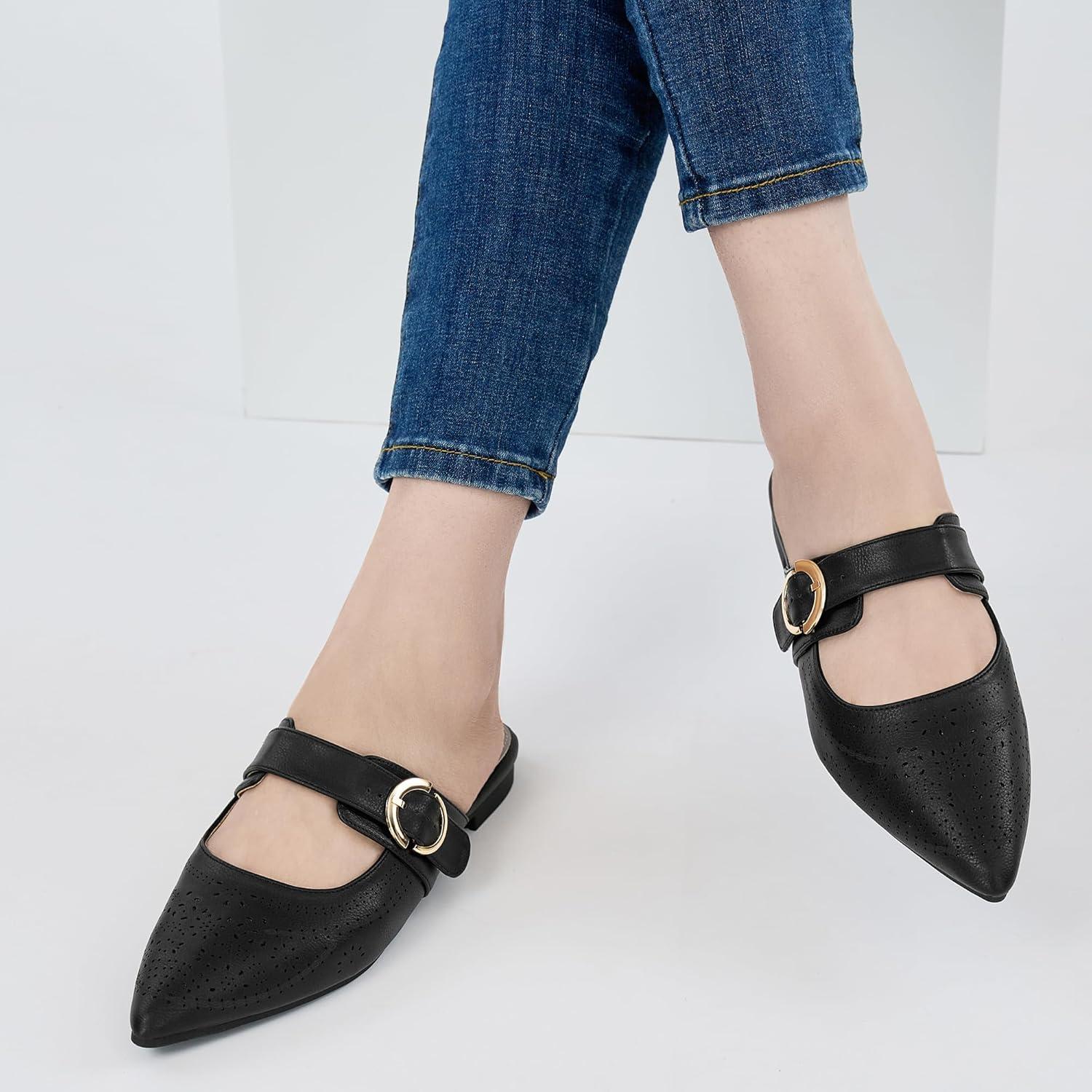 imageEcetana Womens Mules Flats Shoes 2025 Dressy Closed Pointed Toe Backless Loafers Buckle Slip on Shoes for BusinessBlack