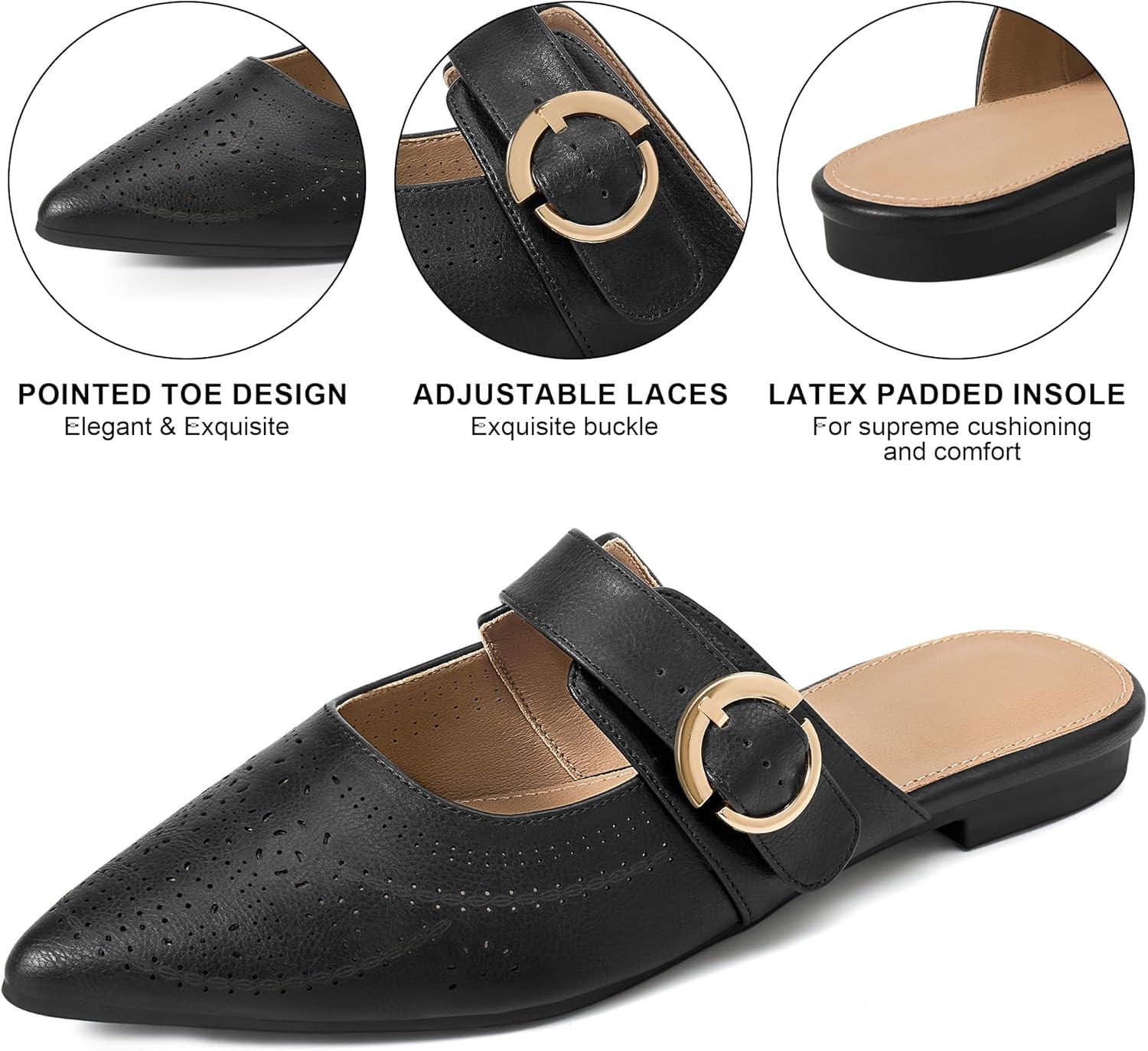 imageEcetana Womens Mules Flats Shoes 2025 Dressy Closed Pointed Toe Backless Loafers Buckle Slip on Shoes for BusinessBlack