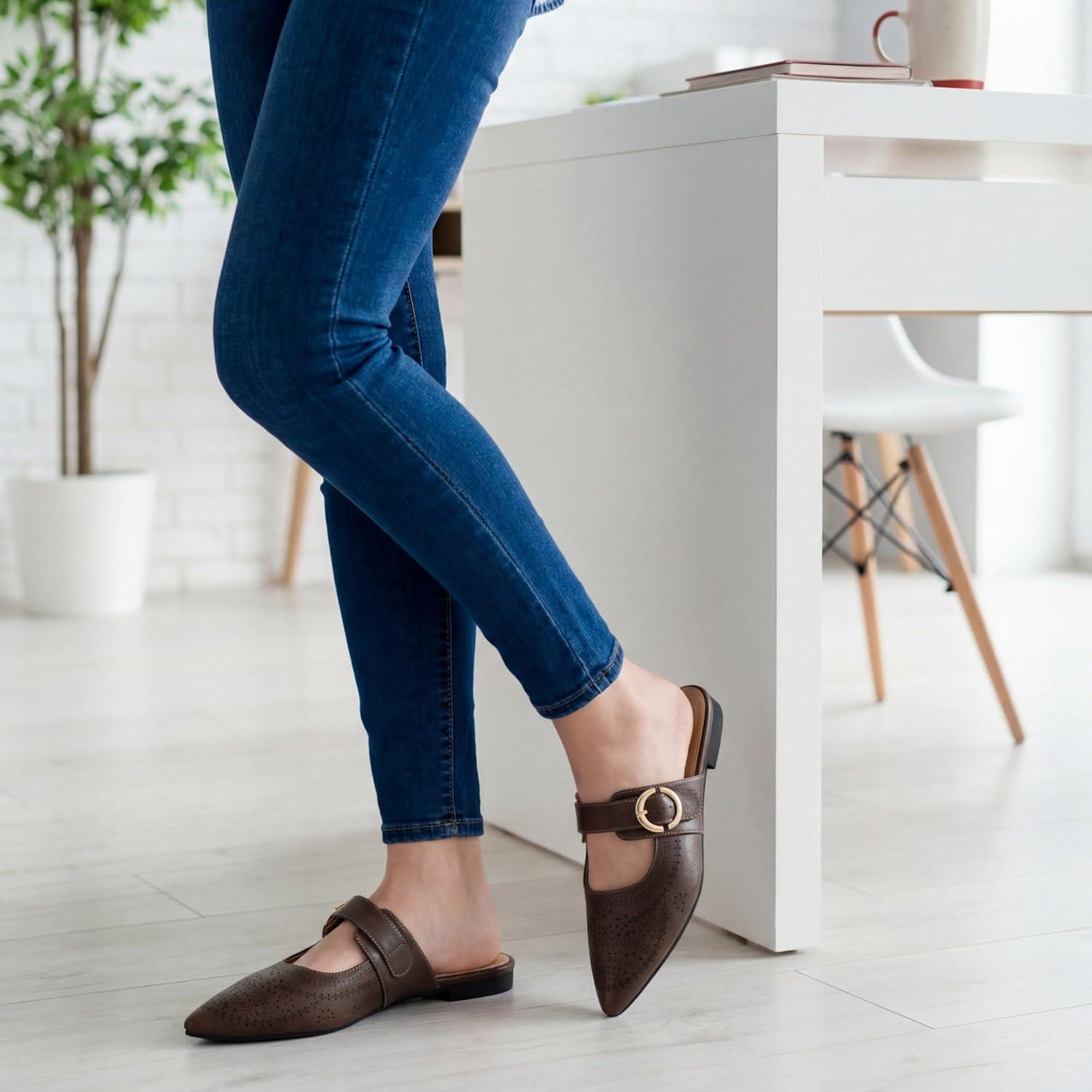 imageEcetana Womens Mules Flats Shoes 2025 Dressy Closed Pointed Toe Backless Loafers Buckle Slip on Shoes for BusinessCoffee