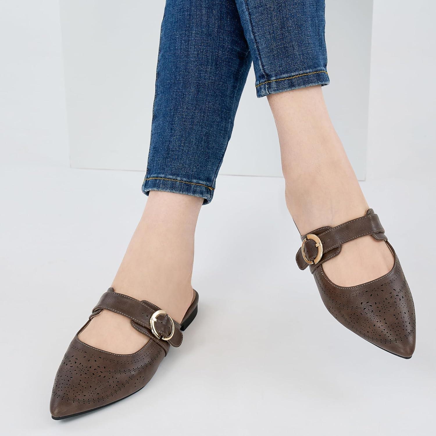 imageEcetana Womens Mules Flats Shoes 2025 Dressy Closed Pointed Toe Backless Loafers Buckle Slip on Shoes for BusinessCoffee
