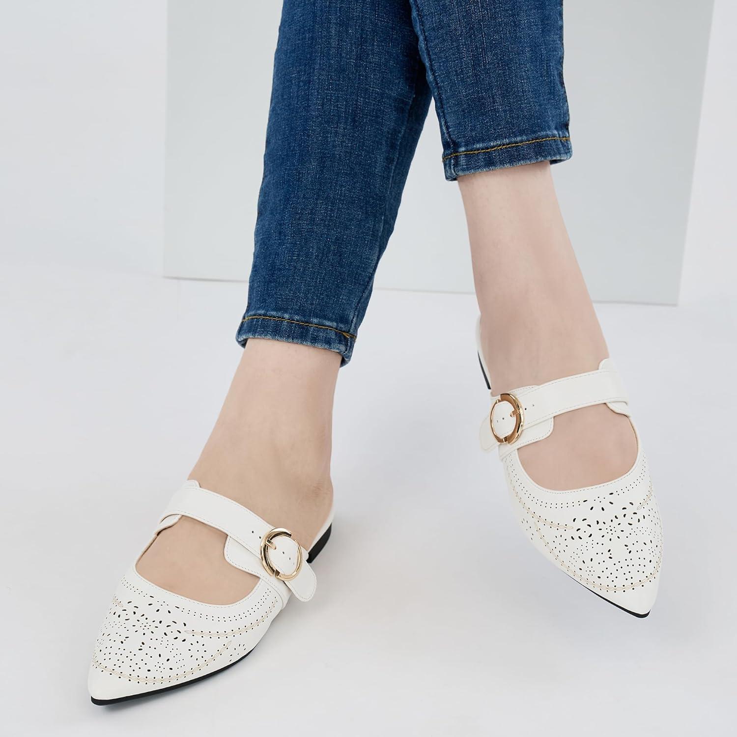 imageEcetana Womens Mules Flats Shoes 2025 Dressy Closed Pointed Toe Backless Loafers Buckle Slip on Shoes for BusinessWhite