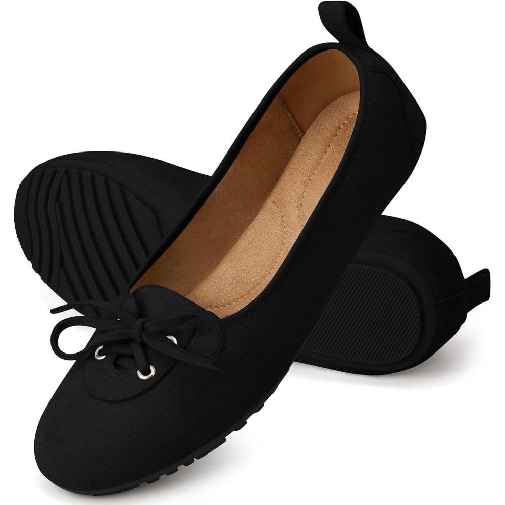 imageEcetana Womens Flats Ballet Shoes Round Toe Dressy Comfortable Slip On Foldable Lace Up Loafers 2025Black